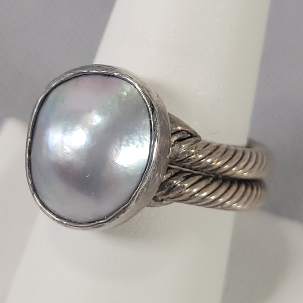 Mexico Sterling Silver Mabe Pearl Ring Womens Size 8.5 Grey Double Cable Twist